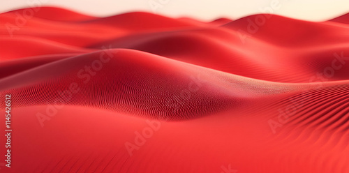 A serene landscape of smooth, red sand dunes under soft lighting.