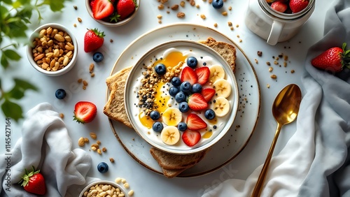 An overhead view of a healthy breakfast spread featuring fresh fruit, creamy yogurt, and wholesome ingredients, offering a nutritious and delicious start to the day. photo