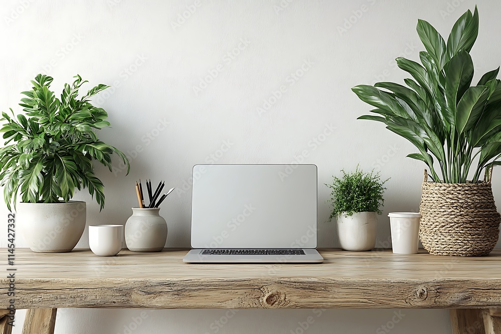 Minimalist workspace with laptop, plants, and stationery on wooden desk. Minimalist workspace with laptop, plants, and stationery on wooden desk.