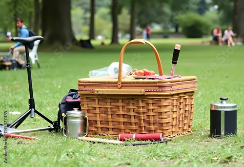 there is a picnic basket with a bottle of wine and a camera. photo