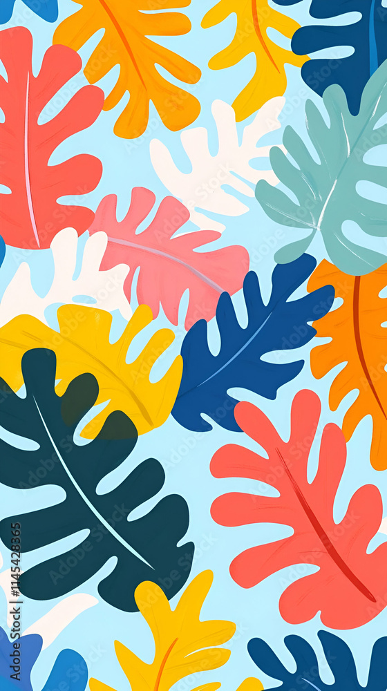 Naklejka premium A vibrant pattern of colorful tropical leaves on a light blue background.
