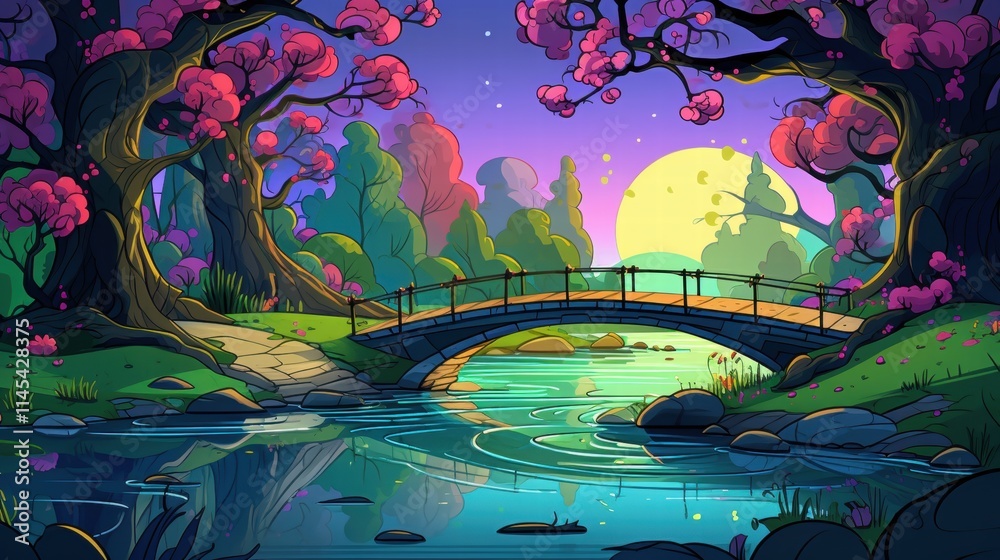 Obraz premium Tranquil Night Scene with Bridge and Blossoming Trees