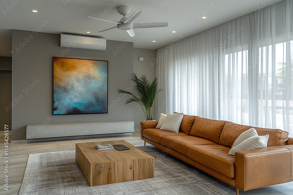 Fototapeta premium Modern living room with leather sofa, wooden coffee table, and large abstract artwork.