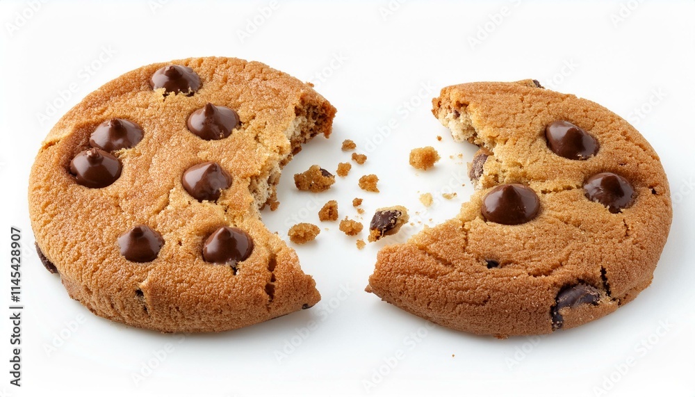 A delicious chocolate chip cookie, broken in two, showing its crumbly texture. A delicious chocolate chip cookie, broken in two, showing its crumbly texture.