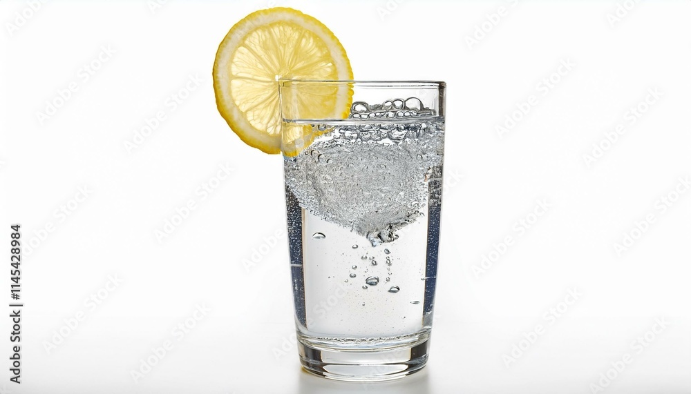 Refreshing sparkling water with a lemon slice.