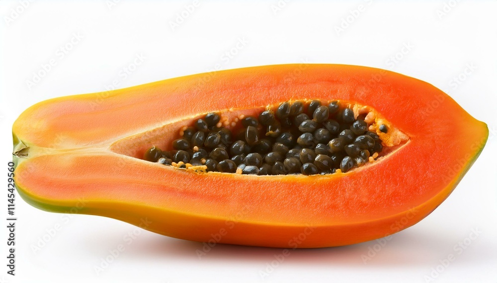 Ripe papaya cut in half, showcasing its vibrant orange flesh and dark seeds. Ripe papaya cut in half, showcasing its vibrant orange flesh and dark seeds.