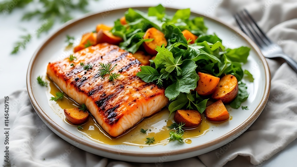 A perfectly cooked salmon fillet served with a side of fresh mixed greens and roasted sweet potatoes, offering a balanced, nutritious, and delicious meal rich in protein and vitamins. A perfectly cooked salmon fillet served with a side of fresh mixed greens and roasted sweet potatoes, offering a balanced, nutritious, and delicious meal rich in protein and vitamins.