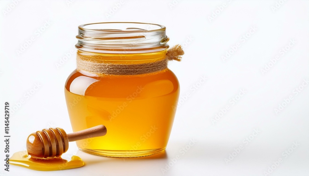 Golden honey in a glass jar with a wooden honey dipper. Golden honey in a glass jar with a wooden honey dipper.