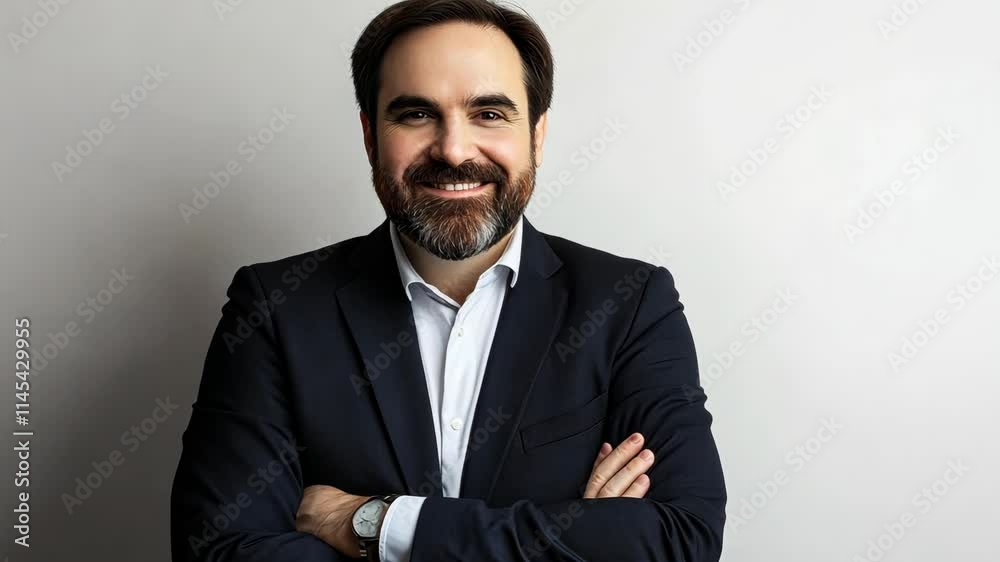 Confident professional man poses with a smile against a simple background in a business setting Confident professional man poses with a smile against a simple background in a business setting