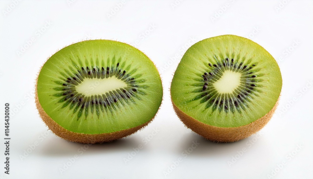 Two juicy kiwi fruit halves, vibrant green flesh and tiny black seeds, on a bright white background. Two juicy kiwi fruit halves, vibrant green flesh and tiny black seeds, on a bright white background.