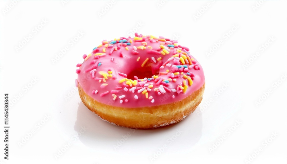 Pink donut with sprinkles on white background. Pink donut with sprinkles on white background.
