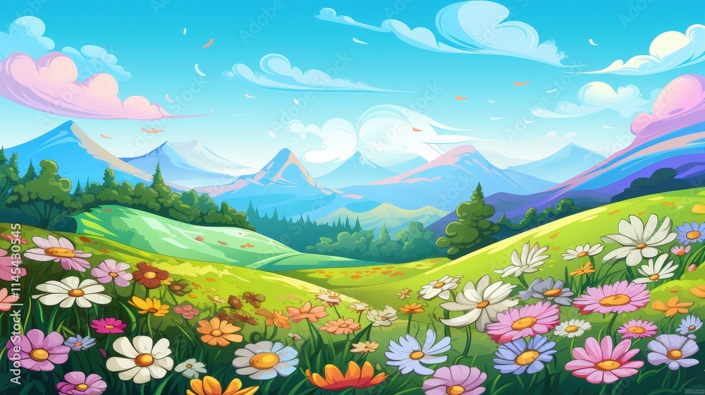 Fototapeta premium Colorful Flowers Bloom in a Mountain Valley Landscape