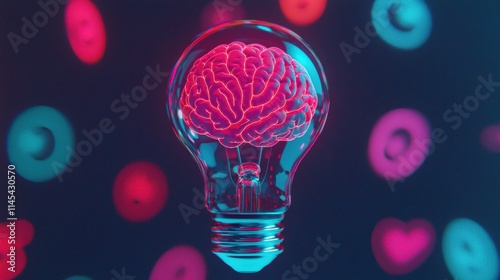 A brain-shaped light bulb symbolizes creativity and innovation, set against a colorful background of abstract shapes.