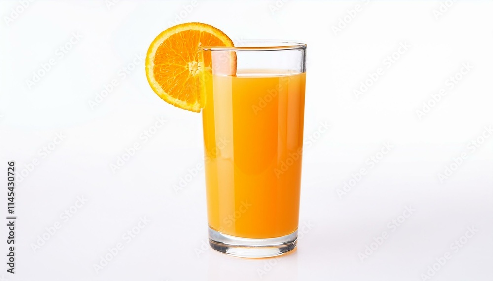 Refreshing glass of orange juice, garnished with a juicy orange slice. Refreshing glass of orange juice, garnished with a juicy orange slice.