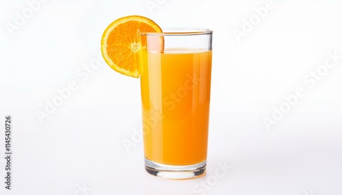 Refreshing glass of orange juice, garnished with a juicy orange slice.