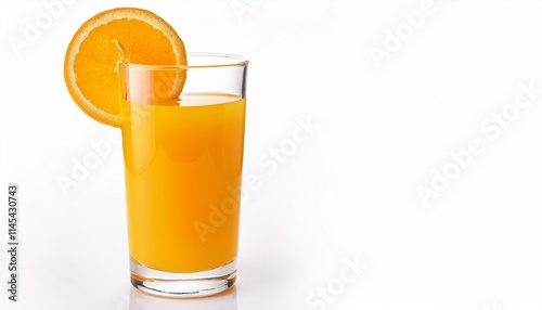 Refreshing glass of orange juice with a slice of orange on the rim. Perfect summer drink!