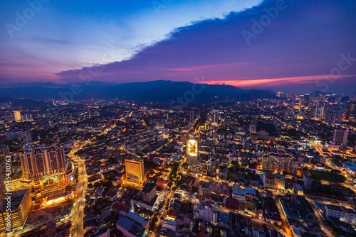 Cuadro en lienzo Aerial Night View of George Town Cityscape in Penang, Malaysia