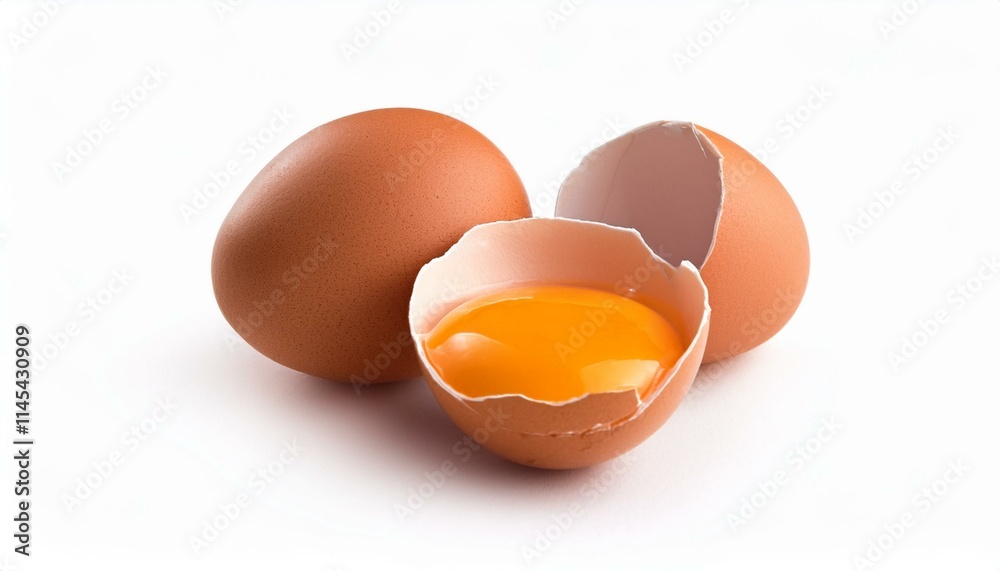 Fresh brown eggs, one cracked open revealing a vibrant yolk. Fresh brown eggs, one cracked open revealing a vibrant yolk.