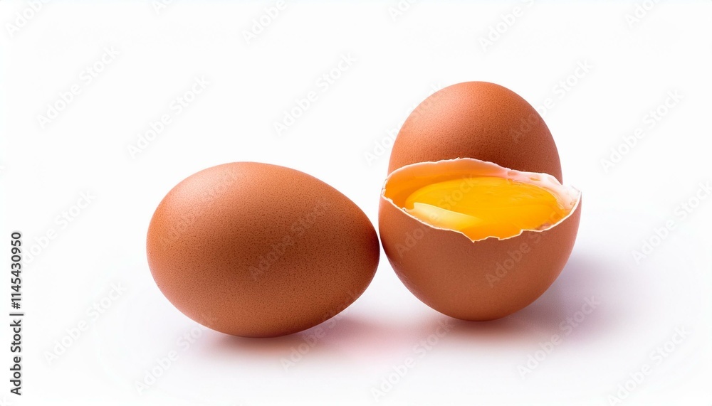 Two brown eggs, one cracked open, showcasing the vibrant yolk. Two brown eggs, one cracked open, showcasing the vibrant yolk.