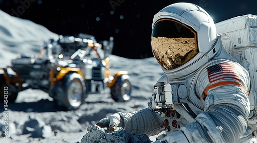 Astronaut collecting lunar samples with a rover in the background on the moon's surface.