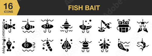 Fish Bait solid icon set. Includes Bait, Catch, Fish, Fishing, Hook, Lure, Seafood, and More. Solid icons vector collection.