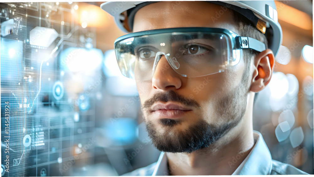 Engineer's Face with Augmented Reality Glasses Displaying Industrial Data Engineer's Face with Augmented Reality Glasses Displaying Industrial Data