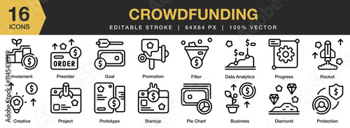 Crowdfunding icon set. Editable Stroke Icon Collection. Includes crowdfunding, investment, finance, money, financial, and More. Outline icons vector collection.