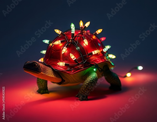 there is a turtle with a christmas light on its back. photo