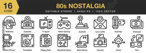 80s Nostalgia icon set. Editable Stroke Icon Collection. Includes retro, nostalgia, vintage, cassette, collection, and More. Outline icons vector collection.