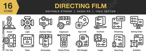 Directing Film icon set. Editable Stroke Icon Collection. Includes film, production, director, equipment, movie, and More. Outline icons vector collection.