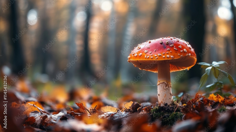 Red mushroom with white dots growing in the forest Red mushroom with white dots growing in the forest