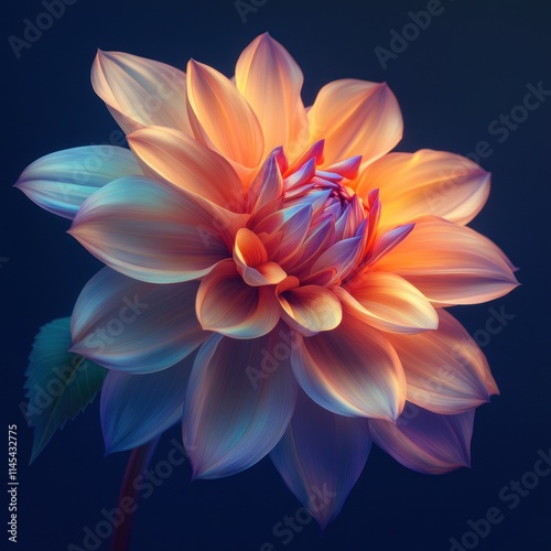 Close-up of a vibrant orange and purple dahlia flower against a dark background.