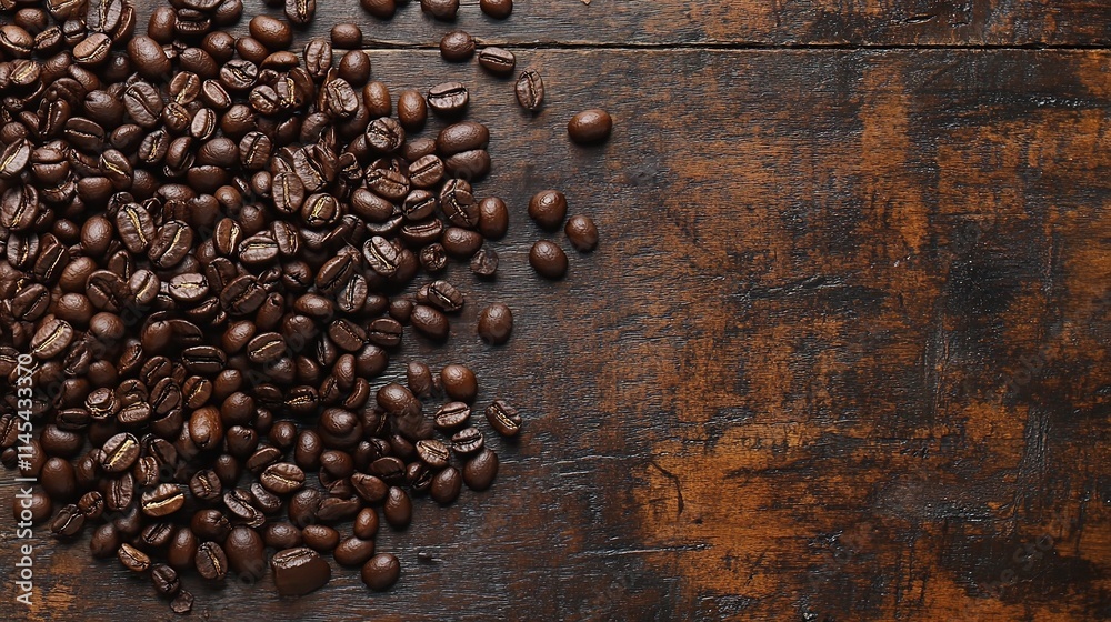 Rich Display of Fresh Coffee Beans with Steaming Cup on Rustic Wood Rich Display of Fresh Coffee Beans with Steaming Cup on Rustic Wood