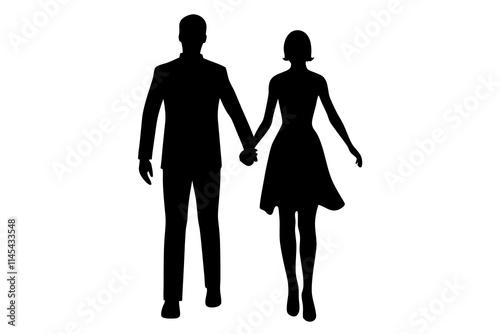 A couple holding hands flat vector style silhouette on white background 04