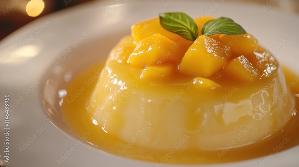 Delicious Mango Panna Cotta with Basil Garnish A Creamy Delightful Italian Dessert Delicious Mango Panna Cotta with Basil Garnish A Creamy Delightful Italian Dessert