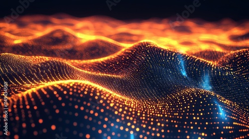 Vector wave particles background - 3D illuminated digital wave of glowing particles. Futuristic and technology vector illustration, HUD modern element photo