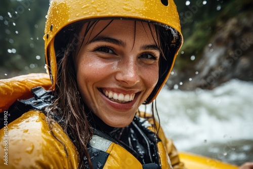 Smiling woman in yellow raincoat and helmet. Perfect for adventure, travel, and water sports themes. photo