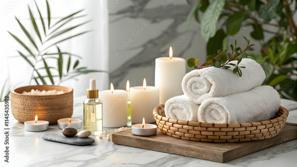 Elegant Spa Setup with Towels Oils Candles on Glossy Background Copy Space Elegant Spa Setup with Towels Oils Candles on Glossy Background Copy Space