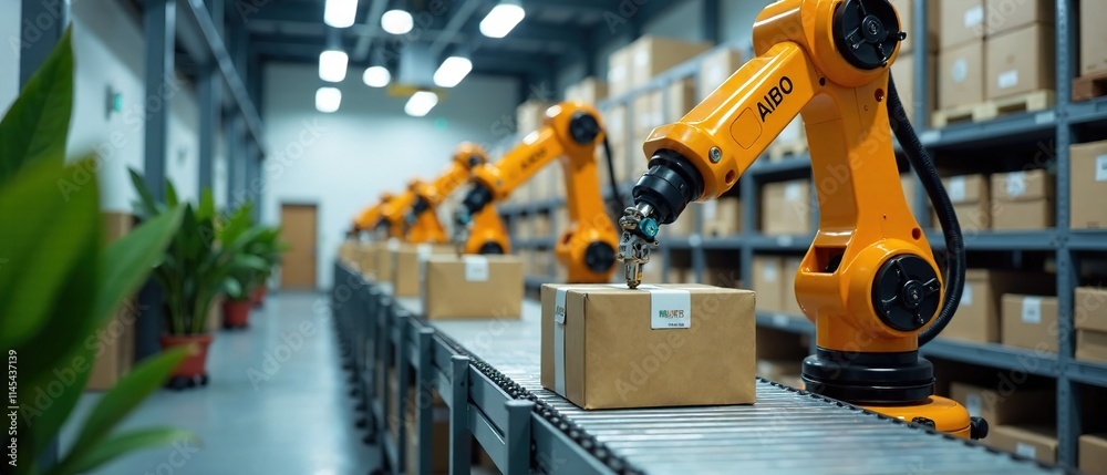 Automated Warehouse Robotics, Package Sorting, Assembly Line, AI-Powered Logistics, Modern Warehouse Technology
