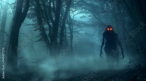 A dimly lit forest at midnight, a shadowy figure with glowing red eyes emerging from the dense fog, tall skeletal trees with twisted branches in the background, the ground covered in fallen leaves and photo