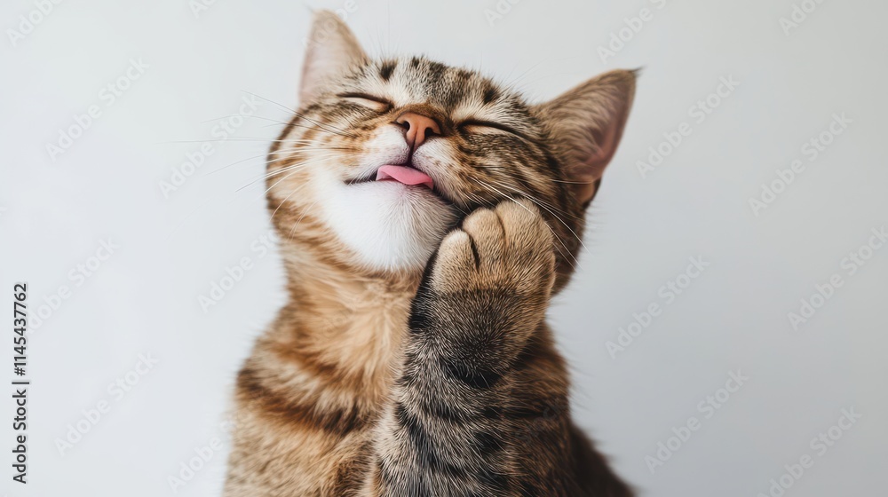 Adorable tabby cat grooming itself, tongue out. Perfect for pet blogs, veterinary websites, or any content about cats. Adorable tabby cat grooming itself, tongue out. Perfect for pet blogs, veterinary websites, or any content about cats.