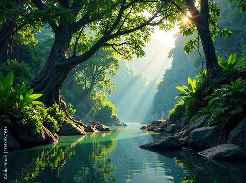 Bohorok River, Bukit Lawang, Sumatra, Indonesia - Lush Jungle River Scene photo