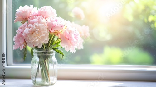 Fototapeta Naklejka Na Ścianę i Meble -  A bouquet of pastel-colored peonies in a vintage mason jar on a sunlit windowsill, side view shot, Shabby Chic style