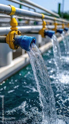 Water flowing from industrial pipes into a reservoir, showcasing water management.