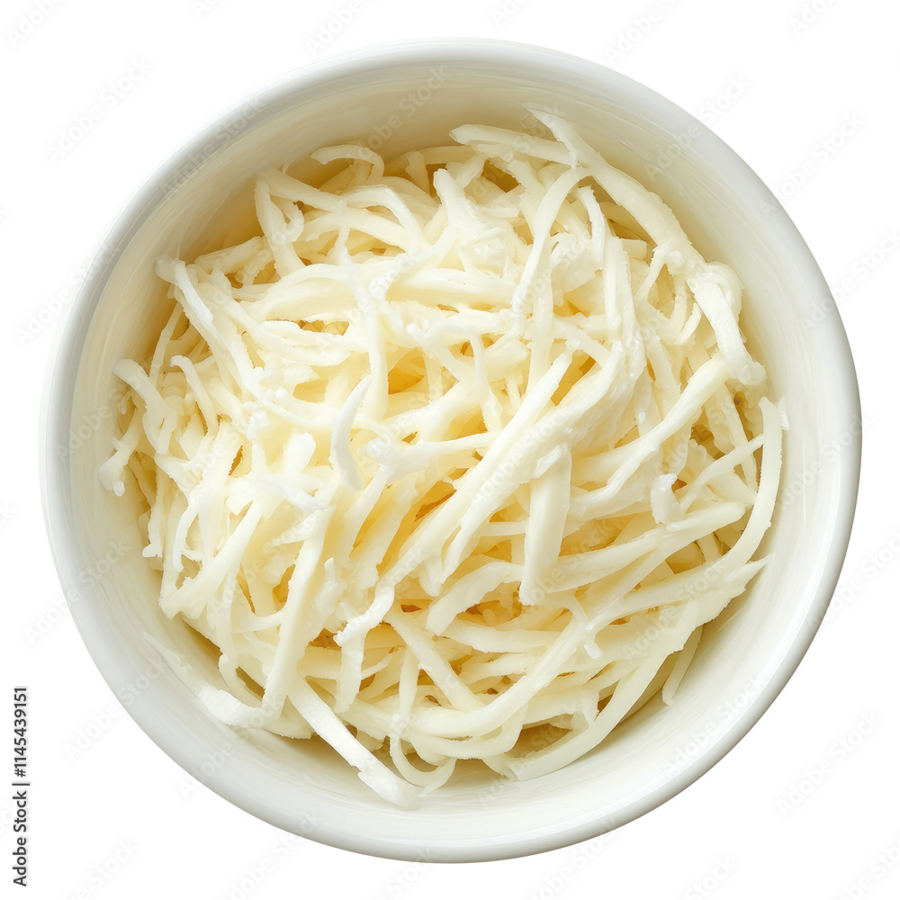 Mozzarella cheese shredded in a white bowl top view isolated on transparent white background, clipping path Mozzarella cheese shredded in a white bowl top view isolated on transparent white background, clipping path