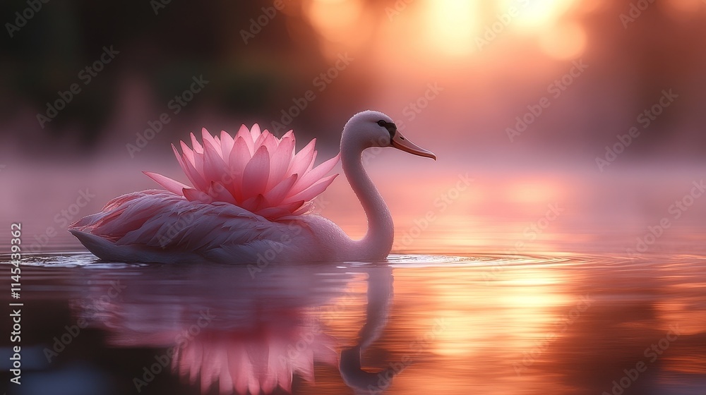 Fototapeta premium Swan with Pink Lotus Reflection at Sunset