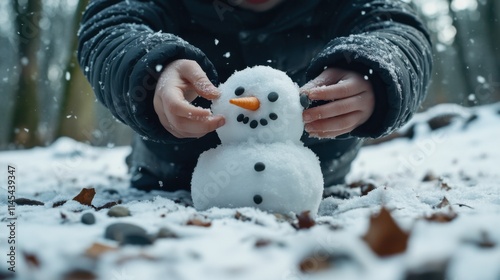 Winter Wonderland:  A child's hands delicately shape a snowman, adding the finishing touches to its carrot nose. The scene is filled with the magic of a fresh snowfall.
