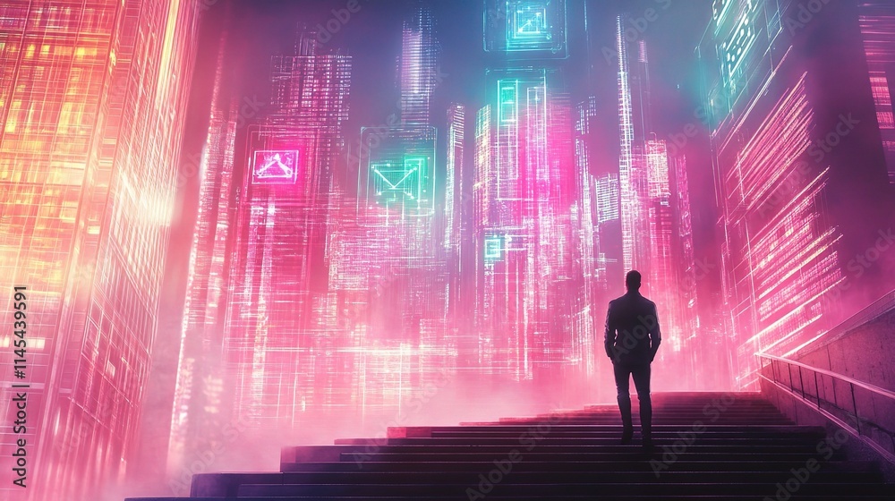 Man Standing on City Stairs Gazing at Holographic Display Man Standing on City Stairs Gazing at Holographic Display