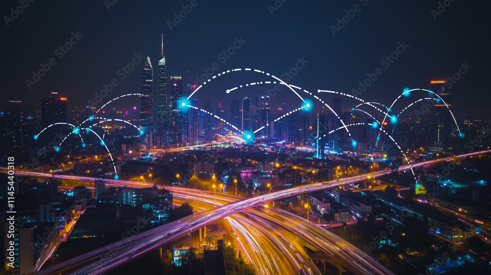 Fototapeta premium Smart digital Innovation city with connection network reciprocity over the cityscape. of future smart wireless city and social media networking systems that connects business people with in city