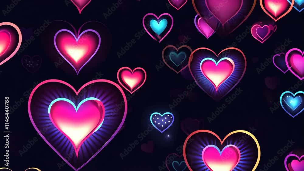 Colorful neon hearts on dark background. Happy Valentines day concept. 14th of February celebration